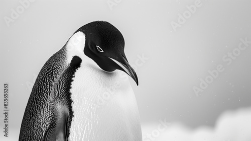 A close-up black and white photograph of an emperor penguin in the snow  capturing the intricate details of its feathers and the serene expression