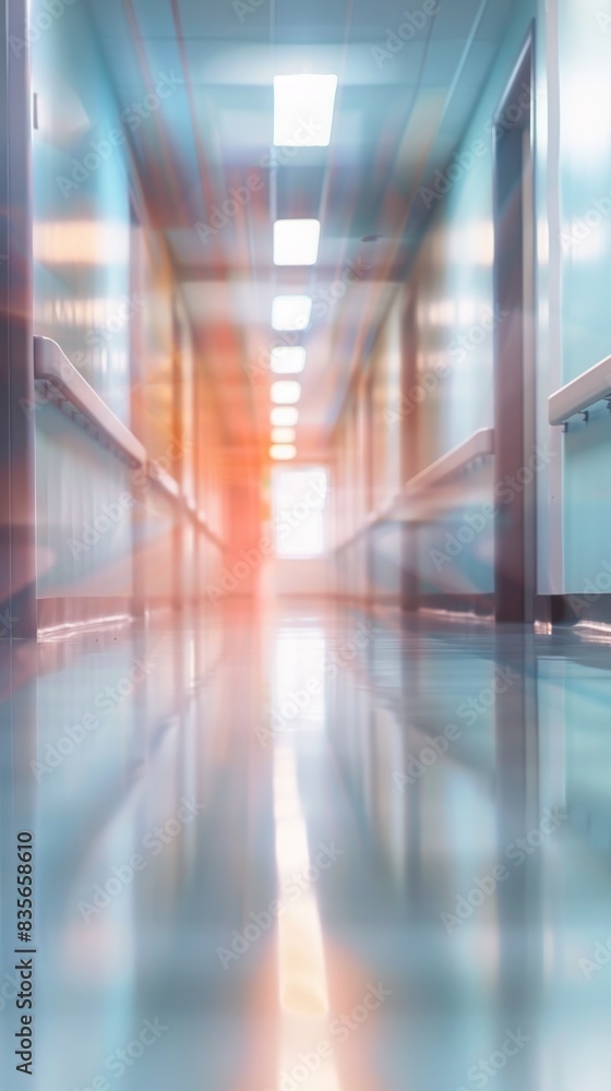 Long hallway with blue wall and light. Architectural photography.