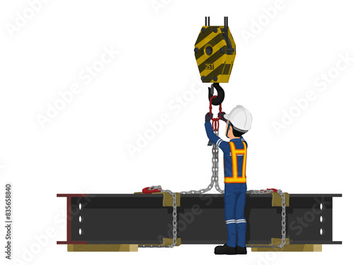 worker is holding chain sling with crane block