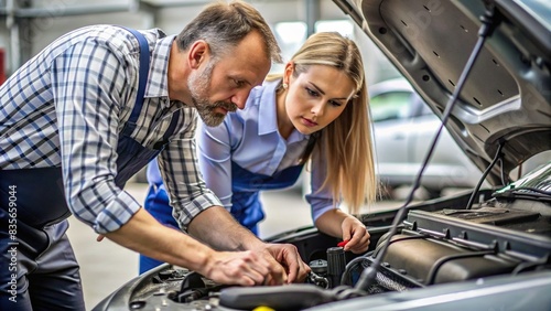 Close-up of a man and woman inspecting a car engine, car, engine, inspection, mechanic, woman, man, automotive, vehicle, maintenance, repair, checking, tool, hands, under the hood, fix © sompong