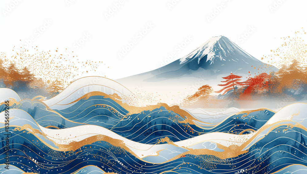 Japanese Style Wave and Mount Fuji Vector Illustration with Golden ...
