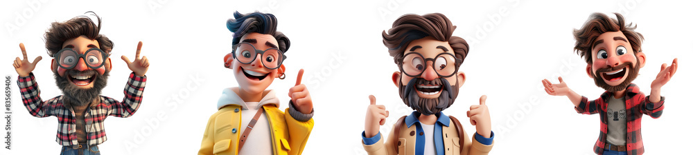 Set of 3d cartoon happy smile young man hands posing presenting, isolated on white background, png Set of 3d cartoon happy smile young man hands posing presenting, isolated on white background, png