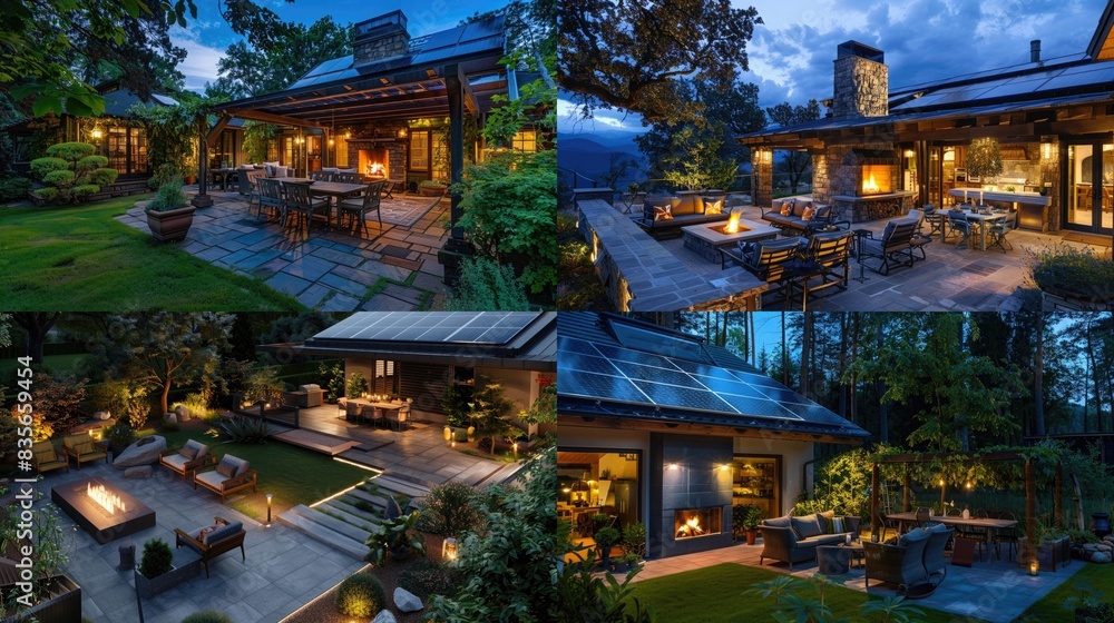 Night view of N?ozy patio with outdoor furniture, outdoor fireplace and solar panels on the roof