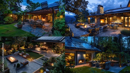 Night view of N ozy patio with outdoor furniture  outdoor fireplace and solar panels on the roof