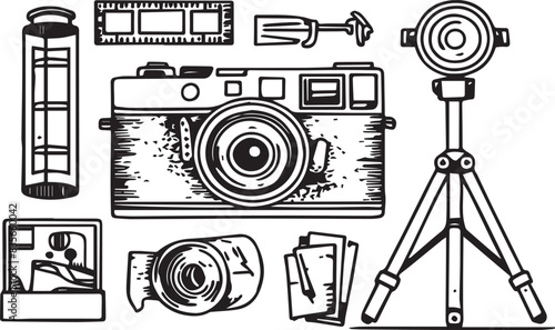 Hand drawn elements to create a logo photography, photo studio, studio photographer, logo family photo.  Vector illustration
