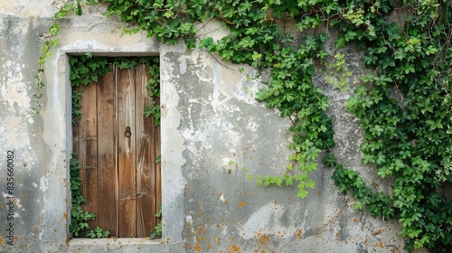 Old antique door on an old concrete wall, green plants © Ammar