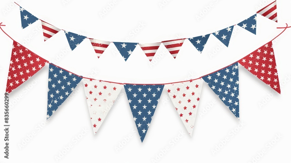 String of American flag inspired bunting - American-flag inspired bunting flags displayed in a string, with star motifs and striped patterns in red, white, and blue String of American flag inspired bunting - American-flag inspired bunting flags displayed in a string, with star motifs and striped patterns in red, white, and blue