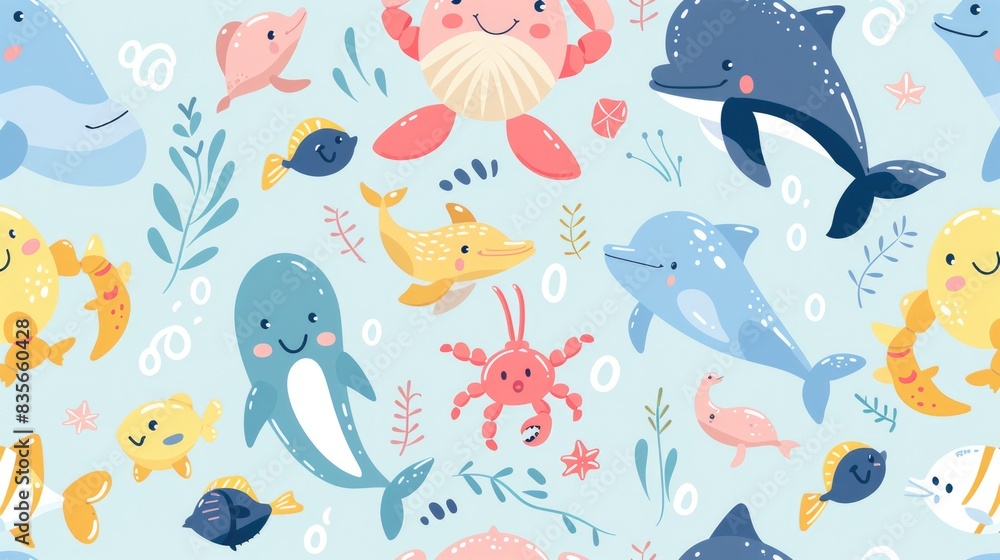 A playful pastel pattern of cartoon sea creatures such as crabs, dolphins, and fish, all with happy expressions and summer elements A playful pastel pattern of cartoon sea creatures such as crabs, dolphins, and fish, all with happy expressions and summer elements