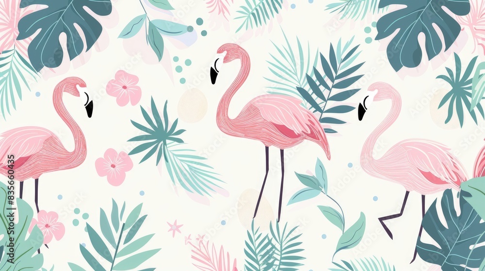A lovely pattern with pastel cartoon flamingos, palm trees, and tropical leaves, creating a serene and tropical summer scene A lovely pattern with pastel cartoon flamingos, palm trees, and tropical leaves, creating a serene and tropical summer scene