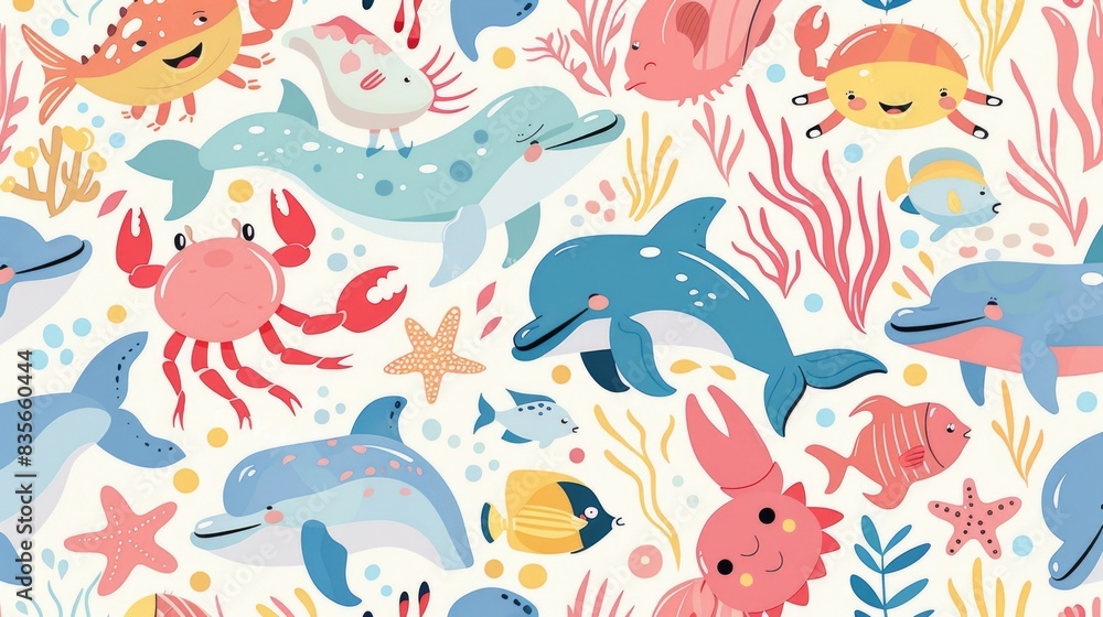 A playful pastel pattern of cartoon sea creatures such as crabs, dolphins, and fish, all with happy expressions and summer elements