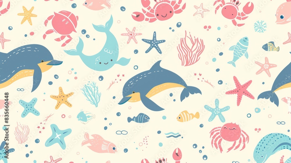 A playful pastel pattern of cartoon sea creatures such as crabs, dolphins, and fish, all with happy expressions and summer elements
