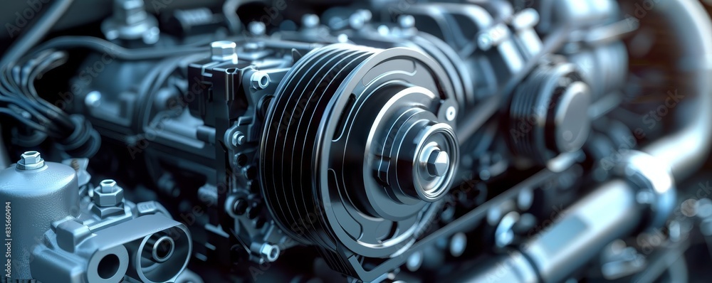 A detailed view of an internal college engine of a car air conditioner, grey background, hyper realistic, rendered in the style of Octane A detailed view of an internal college engine of a car air conditioner, grey background, hyper realistic, rendered in the style of Octane
