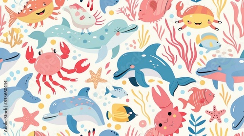 A playful pastel pattern of cartoon sea creatures such as crabs  dolphins  and fish  all with happy expressions and summer elements