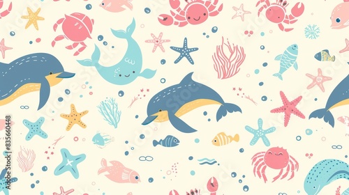 A playful pastel pattern of cartoon sea creatures such as crabs  dolphins  and fish  all with happy expressions and summer elements