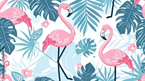 A lovely pattern with pastel cartoon flamingos, palm trees, and tropical leaves, creating a serene and tropical summer scene