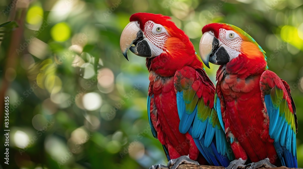 Red and green Macaw in tropical forest. Generative Ai