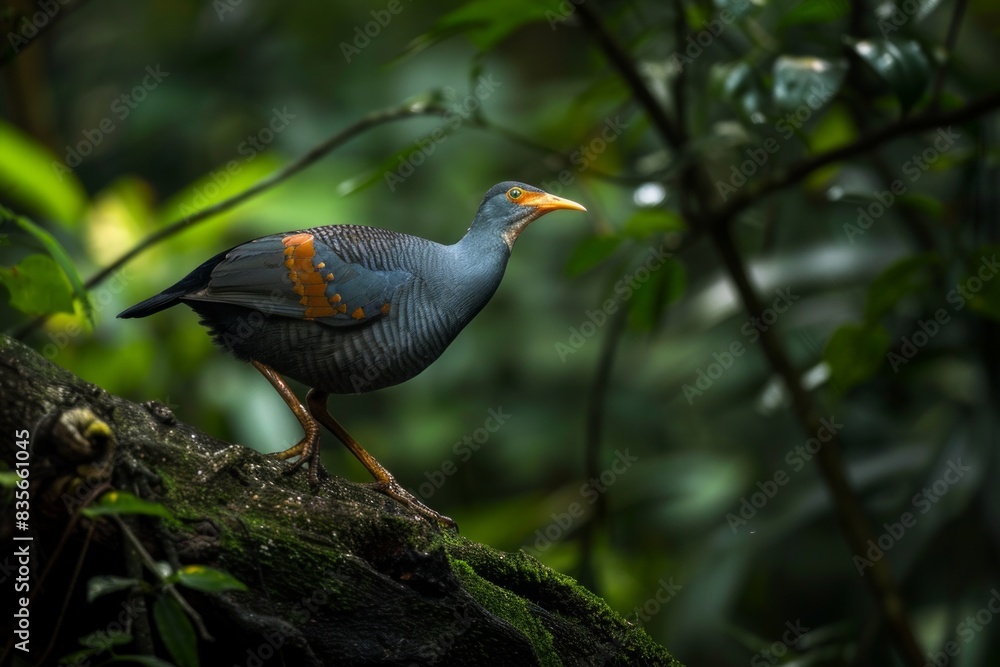 Fototapeta premium A bird with orange and black feathers is perched on a tree branch