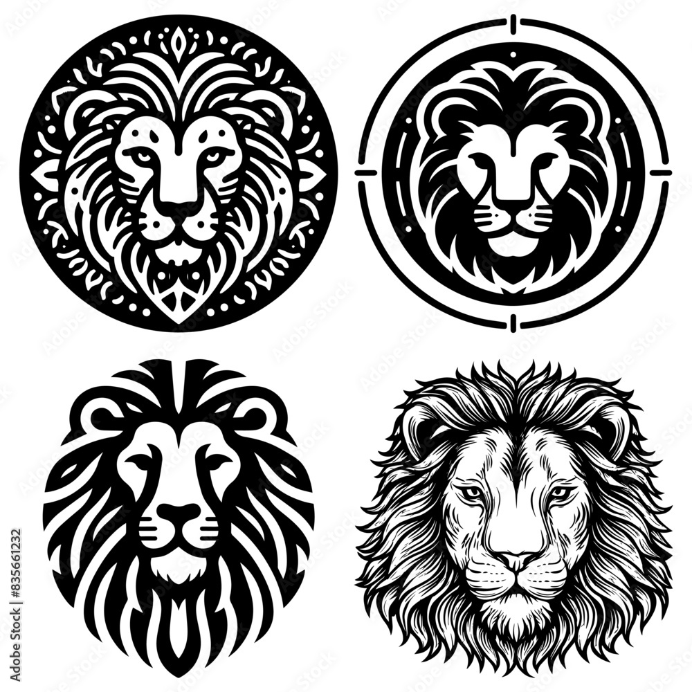 lion head black and white, set of fierce lion head illustrations lion head black and white, set of fierce lion head illustrations
