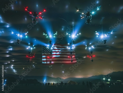 Lit up drones during an air show with red and blue lights for the forth of July.
