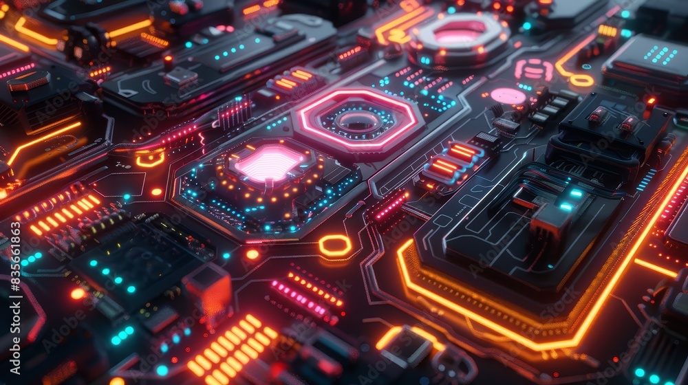 Detailed futuristic motherboard circuit design - An intricate and futuristic motherboard circuit with glowing elements and design Detailed futuristic motherboard circuit design - An intricate and futuristic motherboard circuit with glowing elements and design