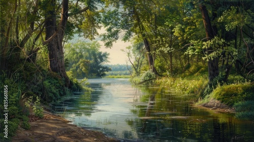 Summer scene featuring a river bend surrounded by trees