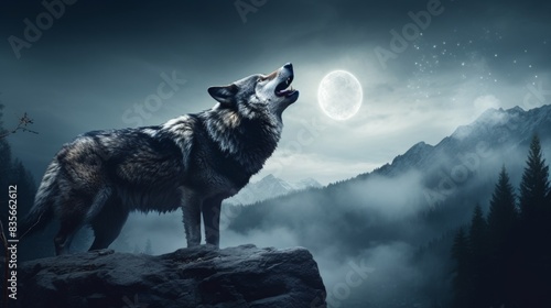 predator wolf howl moonlit night mountain dark forest. photo