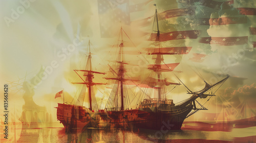 Double exposure of Christopher's ship and the USA flag in the background, commemorating Columbus Day and the discovery of America at sunrise. photo