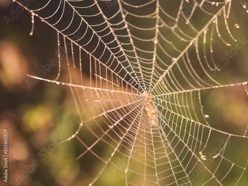 A close up photo of a spider web, its intricate strands and delicate dewdrops showcasing the beauty of nature's craftsmanship.