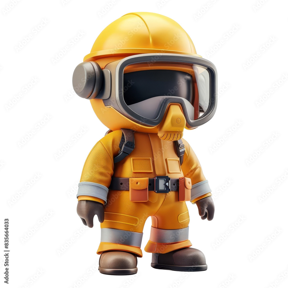 Naklejka premium cute character in a yellow hazmat suit and helmet, ideal for science fiction, safety, and cartoon-themed projects. isolated on a transparent background.