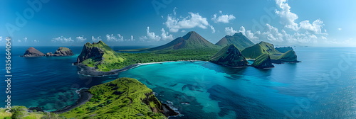 8k  panorama  Top view widescreen of Seascape The wonders of the Galapagos ecosystem  A tropical underwater scene with fish  coral reefs  and a diver in the blue ocean