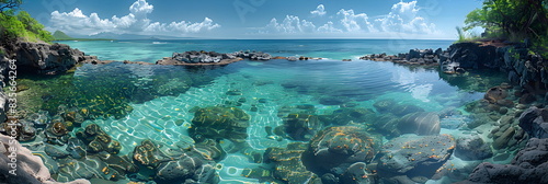 8k, panorama, Top view widescreen of Seascape The wonders of the Galapagos ecosystem, A tropical underwater scene with fish, coral reefs, and a diver in the blue ocean