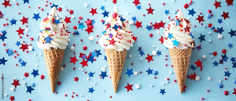 Festive ice cream cones with red, white, and blue sprinkles on a light ...