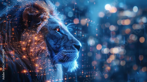 Close-Up Encounters: Futuristic Portraits of Majestic Lions, Overlay layers with city background and holograms of technology icons are in the foreground, intersected by glowing neon lines, conveying