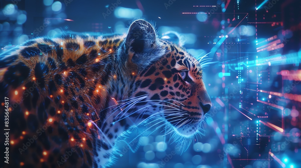 Leopard Close-Up: Explore the Futuristic Elegance of These Graceful Predators, Overlay layers with city background and holograms of technology icons are in the foreground, intersected by glowing neon Leopard Close-Up: Explore the Futuristic Elegance of These Graceful Predators, Overlay layers with city background and holograms of technology icons are in the foreground, intersected by glowing neon