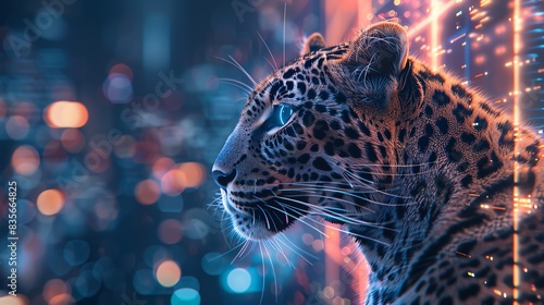 Leopard Close-Up: Explore the Futuristic Elegance of These Graceful Predators, Overlay layers with city background and holograms of technology icons are in the foreground, intersected by glowing neon