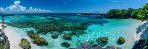 8k, panorama, Top view widescreen of Seascape The wonders of the Galapagos ecosystem, A tropical underwater scene with fish, coral reefs, and a diver in the blue ocean © SJarkCube