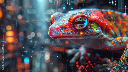 Salamander Close-Up: Explore the Futuristic Beauty of Nature's Underwater Wonders, Overlay layers with city background and holograms of technology icons are in the foreground, intersected by glowing photo