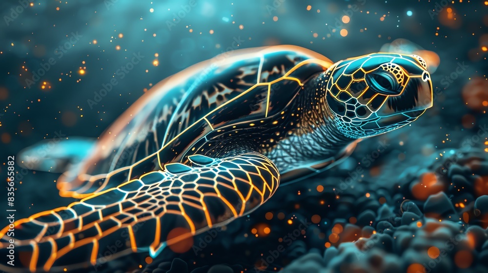Close-Up of Endangered Sea Turtles: Dive into the Futuristic Fight for Ocean Conservation, Overlay layers with city background and holograms of technology icons are in the foreground, intersected by Close-Up of Endangered Sea Turtles: Dive into the Futuristic Fight for Ocean Conservation, Overlay layers with city background and holograms of technology icons are in the foreground, intersected by