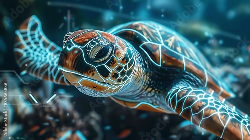 Close-Up of Endangered Sea Turtles: Dive into the Futuristic Fight for Ocean Conservation, Overlay layers with city background and holograms of technology icons are in the foreground, intersected by