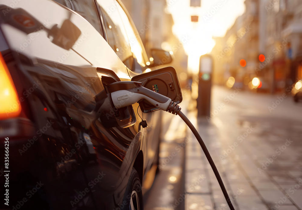An electric vehicle basks in the glow of a charger, symbolizing the dawn of a new transport era. An electric vehicle basks in the glow of a charger, symbolizing the dawn of a new transport era.