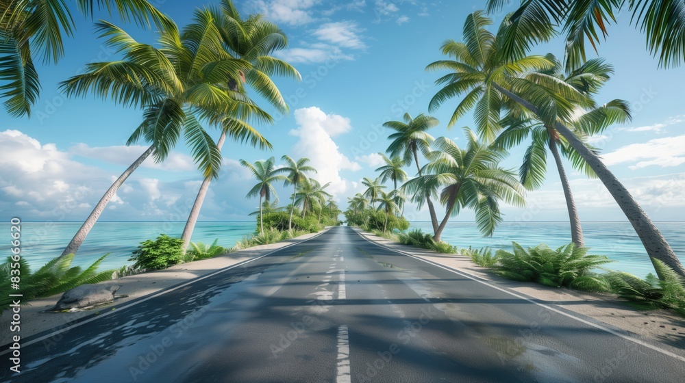 A road across a tropical island with palm trees to the ocean. A tropical island. A road across a tropical island with palm trees to the ocean. A tropical island.