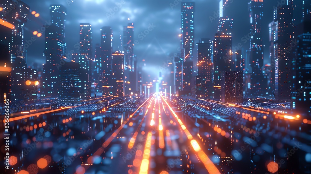 Obraz premium Close-Up of Nanotechnology Research: Exploring the Tiny Innovations of Tomorrow, Overlay layers with city background and holograms of technology icons are in the foreground, intersected by glowing