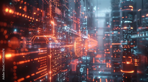 Wallpaper Mural Close-Up of Nanotechnology Research: Exploring the Tiny Innovations of Tomorrow, Overlay layers with city background and holograms of technology icons are in the foreground, intersected by glowing Torontodigital.ca