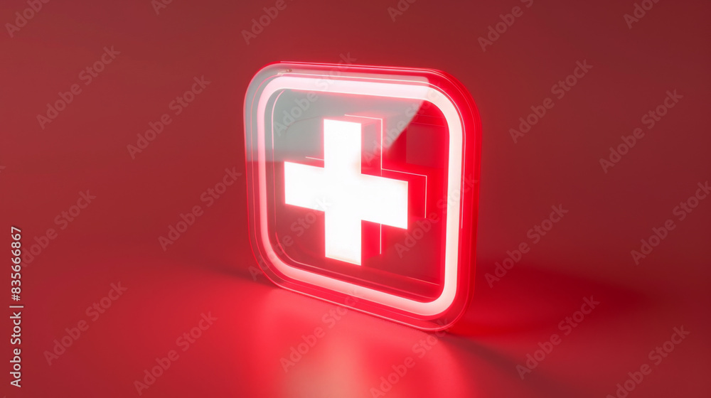 Obraz premium Illuminated red cross medical symbol on a red background, representing healthcare, emergency, and medical services.