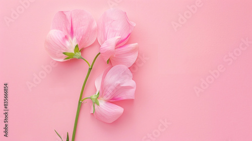 A sweet pea flower on a flat blush pink background, photo