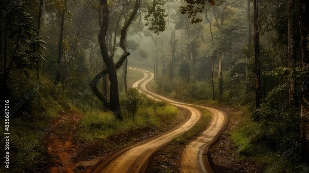 The route used in the national park, the winding road in the forest, tall trees, dark air, mysterious nature. The route used in the national park, the winding road in the forest, tall trees, dark air, mysterious nature.