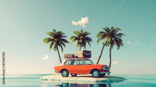 Vintage car with luggage on top, parked on an island with palm trees, ready for a summer travel. Vacation travel concept. © PT