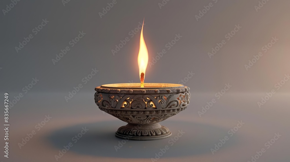 A pristinely rendered Diwali oil lamp in CG 3D, glowing wick, ornate carvings A pristinely rendered Diwali oil lamp in CG 3D, glowing wick, ornate carvings