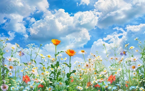 Beautiful summer colorful panoramic landscape of a flower meadow with daisies on a blue sky with very bright clouds