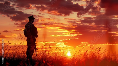 Soldier silhouette against sunset in field - A poignant representation of a soldier's silhouette against a stunning sunset, conveying reflection and serenity © Tida